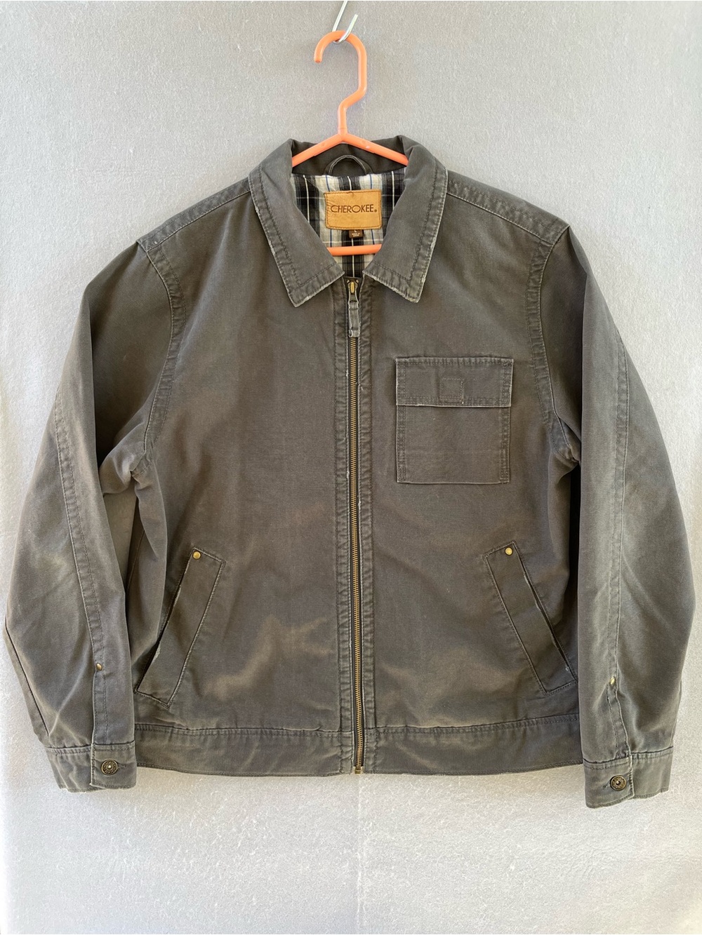 Cherokee Men's Charcoal Zip-Front Work Lined Pocket Jacket L